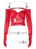 レディースTshirt Kaus Merah Berongga Temuscola Untuk Wanita Elegan Lengan Penuh Leher Potong Musim Panas Pakaian Y2K Kasual Ramping 230922