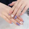 Unhas Falsas 24pcs Flor Roxa Impressão Prego Patch Tipo Cola Removível Parágrafo Longo Moda