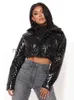 Women's Fur Faux Fur Y2K Women Winter Warm Cotton Jackets Parkas Stand Collar Zipper Front Cropped Coat Long Sleeve Lightweight Bubble Outerwear J230922