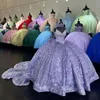 Fioletowe błyszczące seksowne paski spaghetti sukienki Quinceanera Applique koraliki koraliki kulkowe Sweet 16 Księżniczka sukienka Gala Vestidos de 15