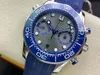 OM Factory new 9900 chronograph Automatic gray dial Ceramic bezel 44 mm Men's Watch Diver 300 m 210.30.44.51.01.001 Steel case blue rubber strap sapphire glass and box