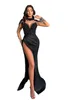 Robe de bal sexy grande taille noire sirène longue pour femme, manches longues, col bijou drapé, fente latérale haute, vêtements de cérémonie, concours d'anniversaire, deuxième réception