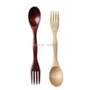 Forks 100pcs/lot Quality Wooden 2 In 1 Spoon Set Natural Wood Cutlery Coffee Tea Spoons Salad Fruit Fork