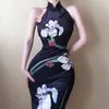 Abbigliamento etnico Ragazza retrò Migliorata moderna Qipao Abito sexy cheongsam Stampa temperamento Abiti lunghi neri eleganti sottili con l'anca