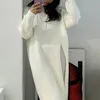 Robes décontractées de base Rétro Split Laine Dres Sexy Automne 2023 Blanc Solide O cou Doux Long Tricoté Vêtements Hiver Tricots Chic 230922