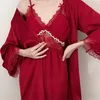 Mulheres sleepwear verão feminino 2 pçs robe camisola conjunto sexy retalhos rendas camisola lingerie seda cetim casa vestido lounge wear