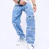 Jeans pour hommes élégant hommes Streetwear lâche déchiré droit coupe ajustée pantalon Hip hop mâle trous solide pantalon Denim décontracté 230922