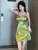 Casual Dresses Embroidery Silk Sexy Satin Midje Camisole Dress Elegant Women Mature Charm 3D Printing Solid Slät textur Summer YLIV