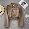 Cappotto a maniche lunghe in pelle PU da donna Autunno Inverno Giacca da motociclista vintage con colletto rovesciato da donna Capispalla corto solido