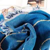 Blankets 160x130cm Ins Style Blue Knitting Throw Blanket for Sofa Bed Vintage Tassels Wall Tapestry Jacquard Outdoor Camping Picnic Mat HKD230922