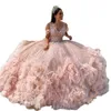 2023 Quinceanera Ball Gown Dresses V Neck Off Shoulder Sequined Lace Rose Gold Pink Flowers Ruffles Plus Size Prom Evening Gowns Corset Back