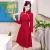 Etnische kleding Stage Performance Modern Verbeterd Cheongsam Herfst Lange mouw Chinese traditionele rode Qipao-jurk Dames CNY