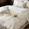Conjuntos de cama Vintage Francês Pastoral Lace Ruffle Princesa Algodão Dupla Camada Fio Macio Conjunto de Duveta Capa de Cama Fronha