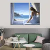 Canvas Print Beauty Lady Wedding Dress by the Window of Ocean Picture Poster for Bedroom Wall Decor