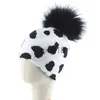 Beanie/Skull Caps New Fashion Cow Print Hat Warm Sticke Winter Real Fur Pompom Hatts For Women Girls Black Pom Beanie Cap Y201024 X0922