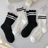 Women Socks School Girls Cute Long Casual Striped Solid Color Black White Harajuku Streetwear Cotton Breathable Crew
