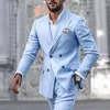 Men's Suits 2023 Fashionable Clothing For Men Sky Blue Peaked Lapel Double-Breasted Male Business Office Formal Slim Fit Wear 2 Pieces