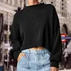 Pulls pour femmes col rond pull court 2023 automne chauve-souris manches longues côtes tricot côté fendu Extra grand pull haut