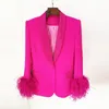 Women's Suits 2023 Latest Designer Jacket High Quality Luxury Feather Decoration Diamond Single Button Rose Red Suit