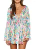 Robes décontractées Femmes S Floral Imprimer A-Line Mini Robe À Manches Longues Col En V Tunique Taille Dos Nu Tie Up Beach Partywear