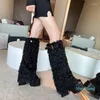 2023-Boots Brand Design Metal Belt Buckle Tall Fur Square Toe Block Heel Super High Sleeve Fashion Plus Size Women's