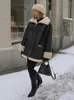 Manteau de fourrure en cuir pour femmes, manches longues, revers en velours, Streetwear, vestes à moteur noir pour dames, hiver 2023
