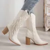 Boots Women New Fashion White Embroider Cowboy Autumn Pu Leather Knee High Woman Pointed Toe Square Heels Western Botas 230922
