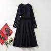 2023 Autumn Navy Blue Solid Color Waist Belted Dress Long Sleeve Round Neck Double Pockets Knee-Length Casual Dresses A3S150910-05