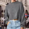 Pulls pour femmes col rond pull court 2023 automne chauve-souris manches longues côtes tricot côté fendu Extra grand pull haut