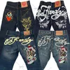 Mäns jeans 2023 American Fashion Anime tryckt hög midja jeans Men Y2K Street Hip Hop Harajuku Loose Casual High midja breda benbyxor J230922