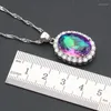 Necklace Earrings Set Oval Multicolor Cubic Zirconia Silver Color Jewelry For Women Wedding Bracelet Pendant Ring WPAITKYS