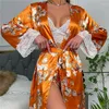 Womens Sleepwear Female Lace Printed Bathrobe Long Bathrobes Nightgown Soft Silk Dressing Gown for Women Ladies Sexy