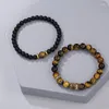 Strand 2pcs Black Matte Agates Bead Bracelets Men Fashion 8mm Natural Tiger Eye Beads CZ For Women Spiritual Jewelry