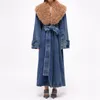 Trench da donna Cappotto per donna 2023 Inverno Moda coreana Collo in pelliccia artificiale Cintura in denim Slim Fit Giacca a vento lunga Y2k