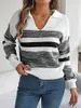 Women's Sweaters Multi-Color And Multi-Size Autumn Winter Leisure Lapel Contrast Striped Long-Sleeved Knitted Pullover Sweater