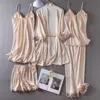 Sexy Pyjamas Sexy Lace 5PCS Bathrobe Gown Set Women Pajamas Set Loungewear Spring Summer Satin Kimono Robe Suit Sleepwear Casual Home Clothes 230922