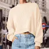 Pulls pour femmes col rond pull court 2023 automne chauve-souris manches longues côtes tricot côté fendu Extra grand pull haut