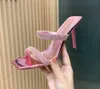Amina Muaddi Rhinestone Chain Square-Toe Slippers Stileetto Heel Sandals 11cm女子豪華なデザイナーサンダル最高品質のイブニングパーティーの花嫁介添人靴