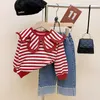 Giyim Setleri Dancewear 2023 İlkbahar ve Sonbahar Çizgili Bebek Yakası Üst Süvarisi+ Boncuklu Kot Set Moda Çocuk Kıyafet 230922