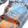 Mens Jeans Men Graffiti Print Denim Streetwear Skull Letters Painted Stretch Pants Holes Ripped Distressed Slim Tapered Trousers 230922