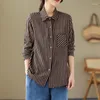 Camicette da donna Stile coreano Tasca manica lunga Chic Sciolto Vintage Autunno Camicetta a righe Camicie Moda Donna Primavera Outwear Casual Top