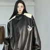 Women's Leather Streetwear Y2k PU Jackets For Women Green Varsity Bomber Outwear Jacket Faux Coat Retro Oversize Racing Tops