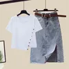 Arbeitskleider Frauen Sommer Kleidung Anzug Mode O Neck T-shirt Denim Röcke Set Koreanische Süße Kurzarm Rock 2 Stück Sets Outfits Q73