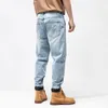 Men's Jeans Spring Autumn Washed Light Blue Men Casual Loose Straight Denim Pants Safari Style Harem Cotton Trousers