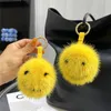 Plush Keychains Cute Rainbow Real Mink Fur Keychain Bag Charm Pendant Plush Smiley Ornaments Toy Car Key Metal Ring Trinkets Girl Birthday Gift 230922