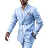 Men's Suits 2023 Fashionable Clothing For Men Sky Blue Peaked Lapel Double-Breasted Male Business Office Formal Slim Fit Wear 2 Pieces