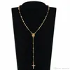 High Quality Stainless Steel Beads Necklace Gold Color Rosary Necklaces Pendants Jesus Christ Cross Long Y Chain Men Women Jewelry287U