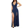 Casual Jurken Sexy Hoge Split Vrouwen 2023 Zomer Diepe V-hals Blauw Feestavond Elegante Bodycon Slanke Nachtclub jurk