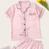 Sexig pyjamas rosa stripe kvinnors pyjama set korta ärm shorts för hemkläder imitation silk sexig kvinnors underkläder casual wear 230922