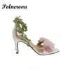 Chaussures de robe rose pastorale en mousseline de soie fleur talons hauts chaussures de mariage un mot feuille verte rotin sandales à lanières pour les femmes 230921